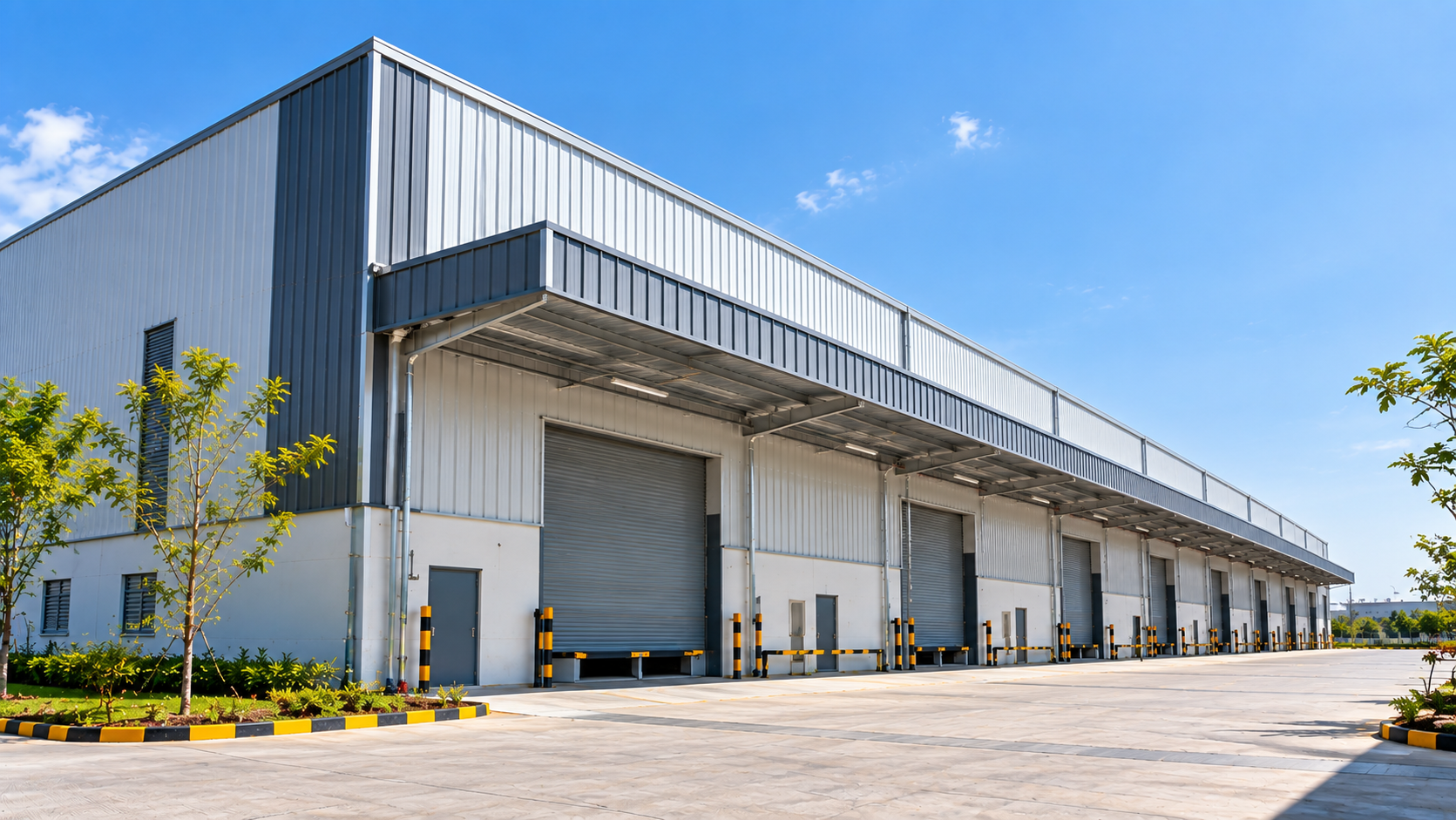 Completed industrial warehouse with roofing and structural steel construction