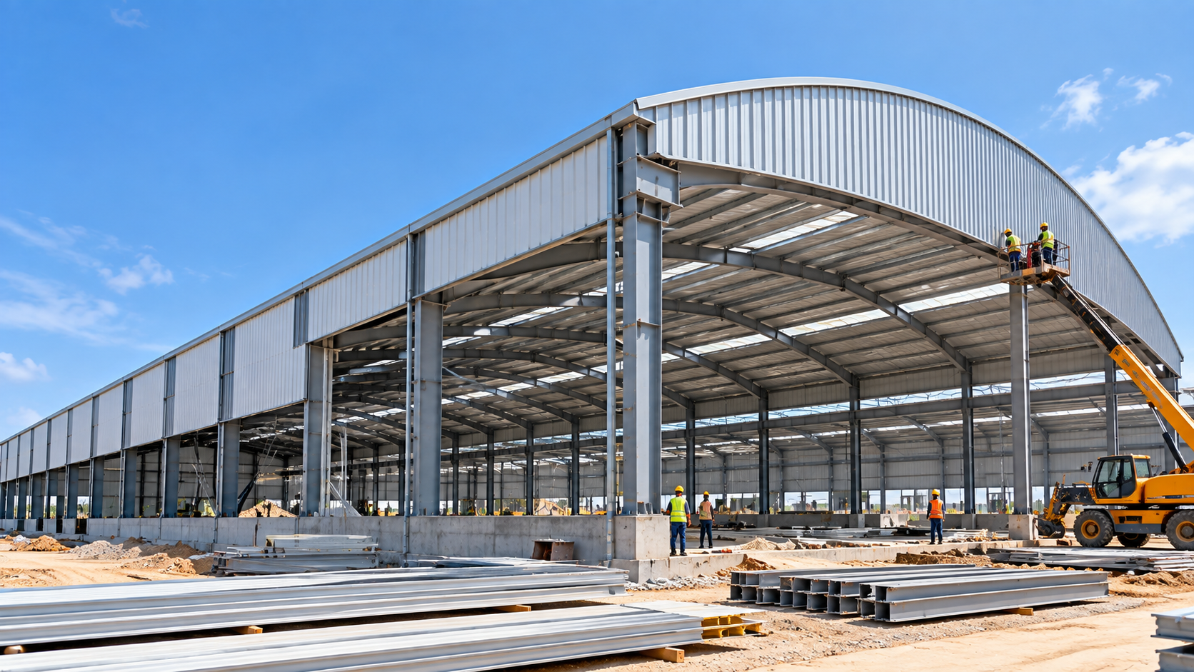 Industrial steel building and roofing installation at a construction site