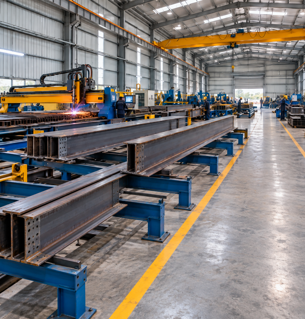 Illustrative industrial steel fabrication workshop interior with steel beams, machinery and an overhead crane