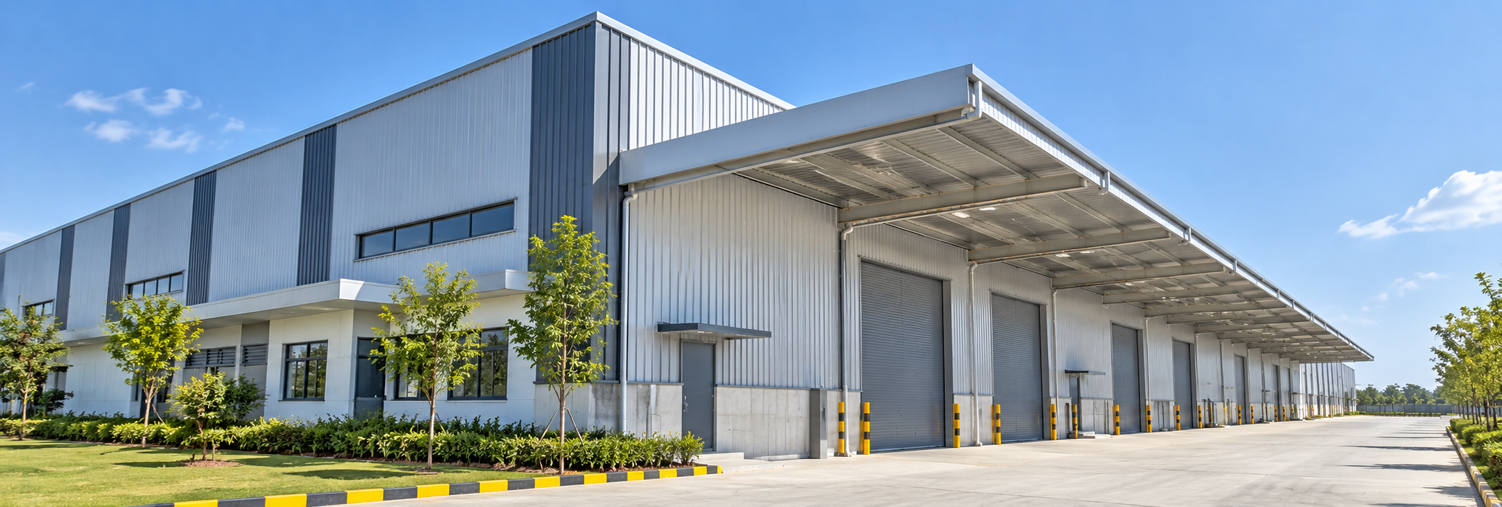 Industrial building featuring metal roofing and structural steelwork