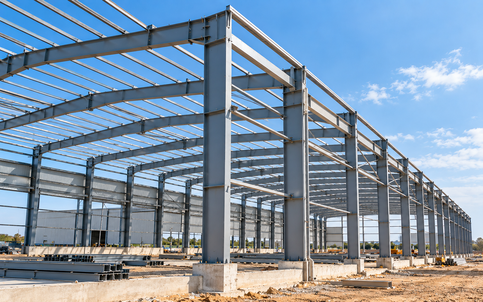 Pre-engineered industrial building with exposed structural steel columns and rafters
