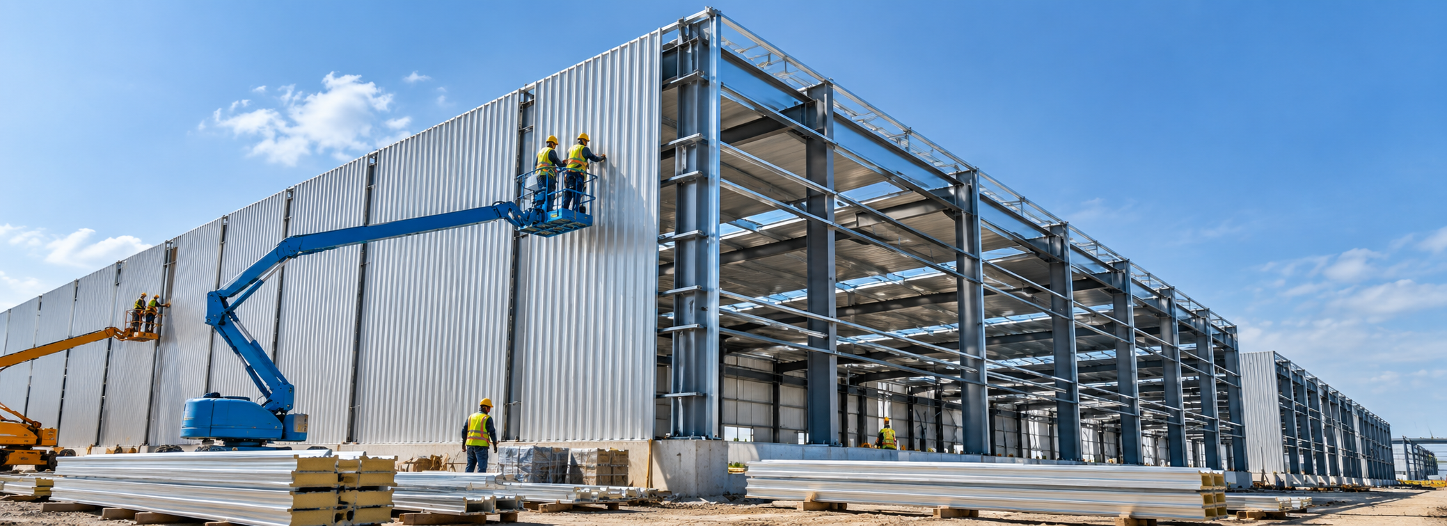 PEB wall cladding and secondary steel framing installation at an industrial construction project