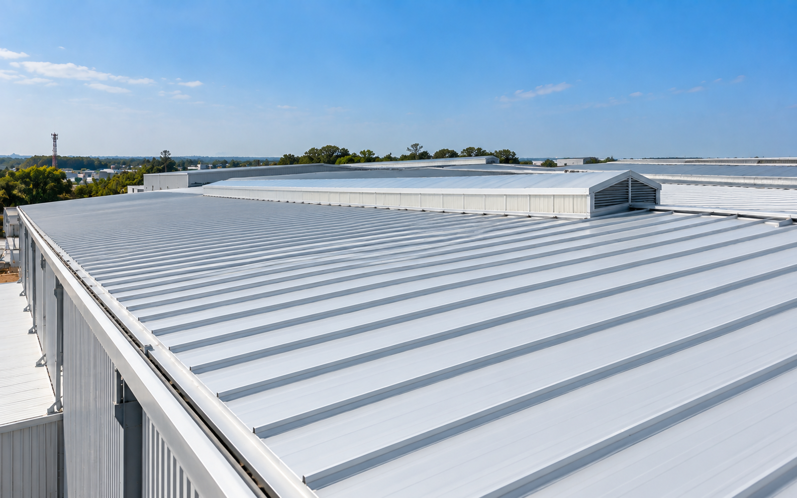 Standing seam metal roofing system with aligned raised seams on an industrial roof