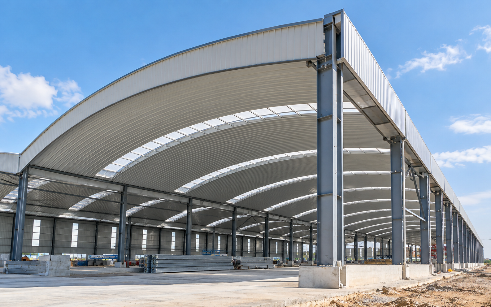 Industrial building with a curved trussless metal roofing system