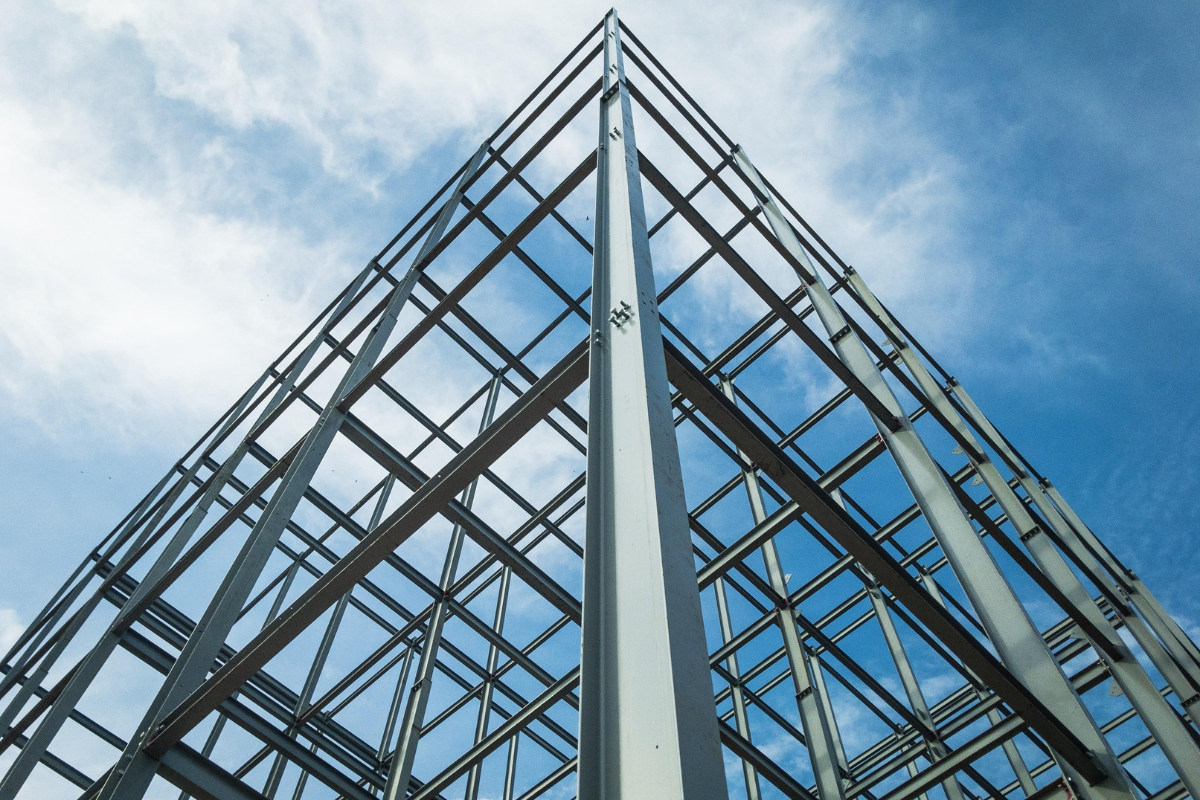 Structural steel framework during industrial building construction