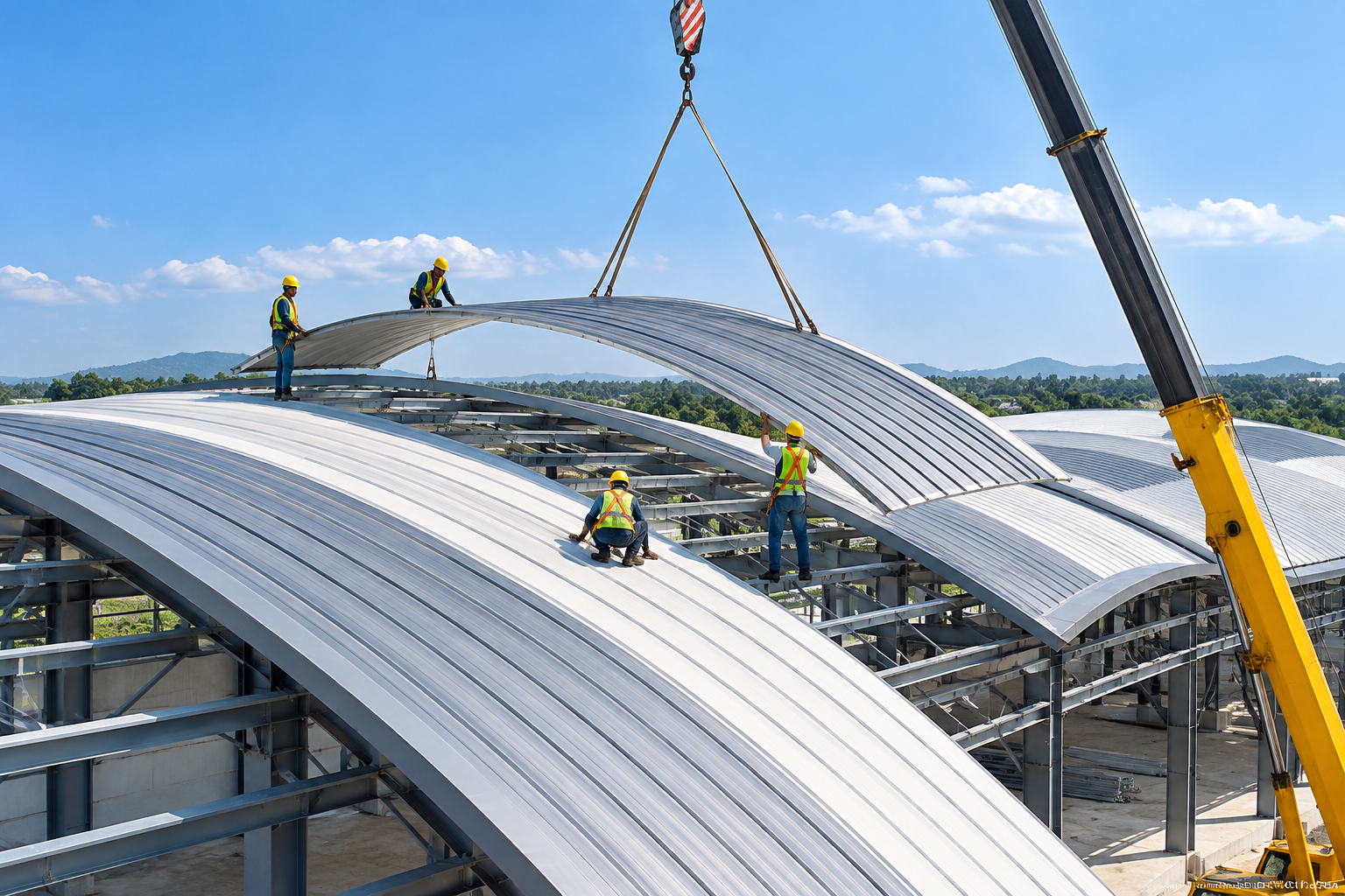 Installation work on a curved trussless metal roof