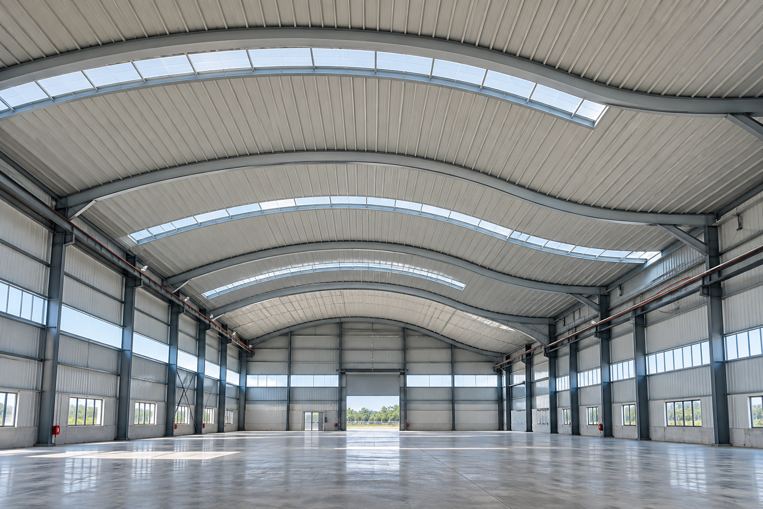 Industrial building showing a trussless curved metal roofing system