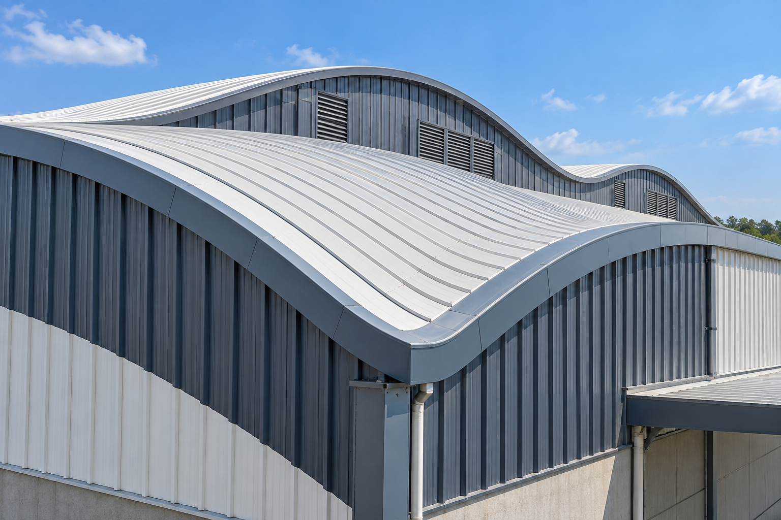 Interior view of curved trussless roofing profile and building interfaces