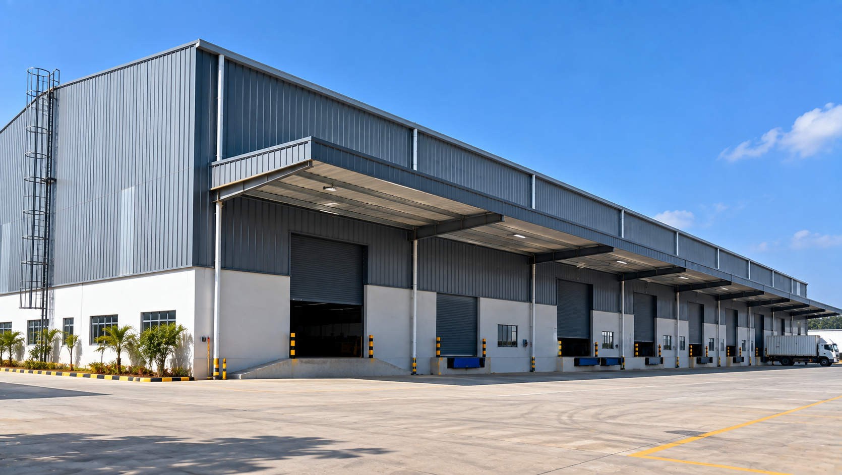 Illustrative completed pre-engineered industrial warehouse building