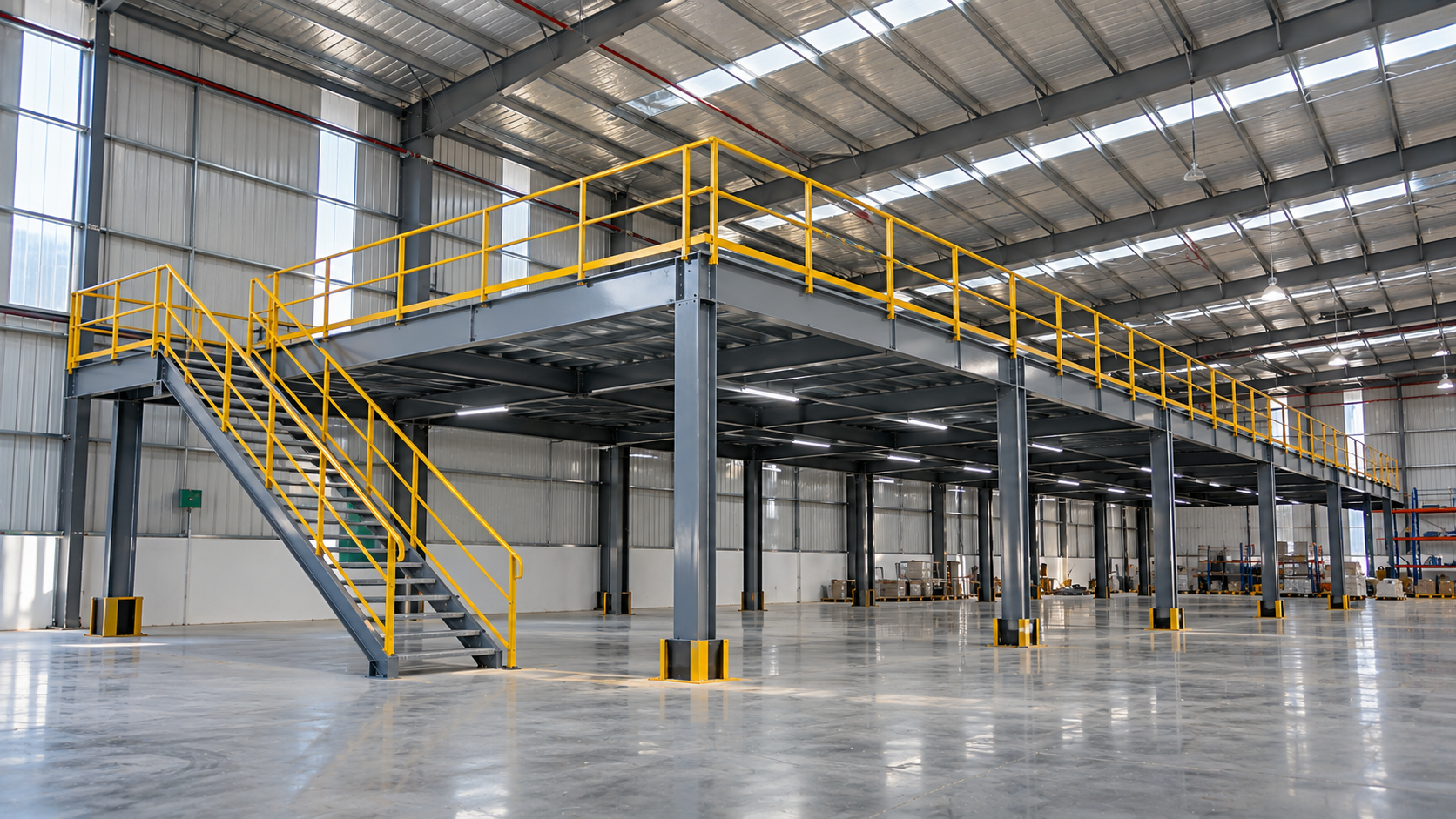 Illustrative steel mezzanine structure within an industrial building