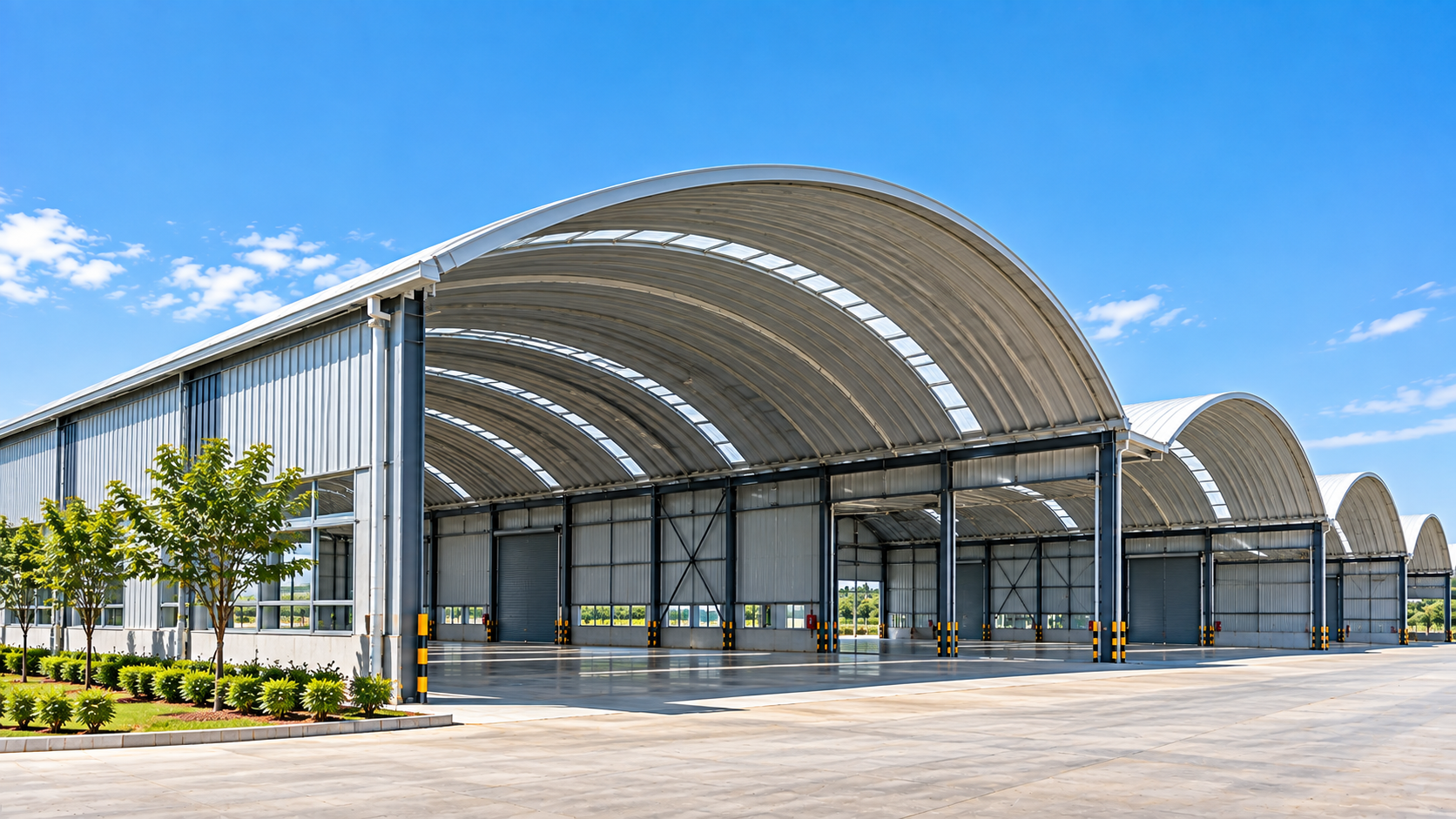 Industrial trussless roofing project viewed during execution