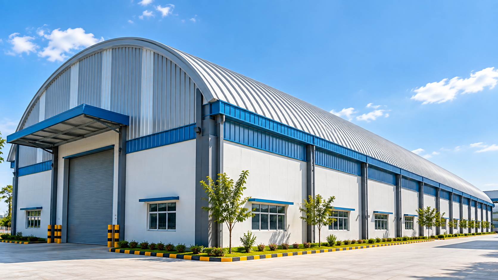 Industrial building with a Single Radius Trussless Roofing profile