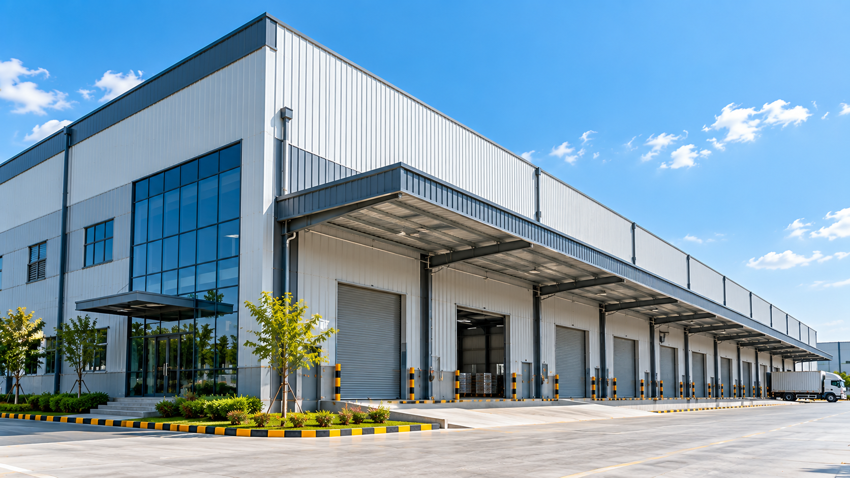 Industrial building illustrating applications of curved Trussless Roofing