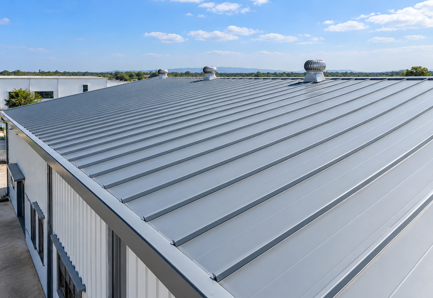Standing seam metal roofing system for an industrial building