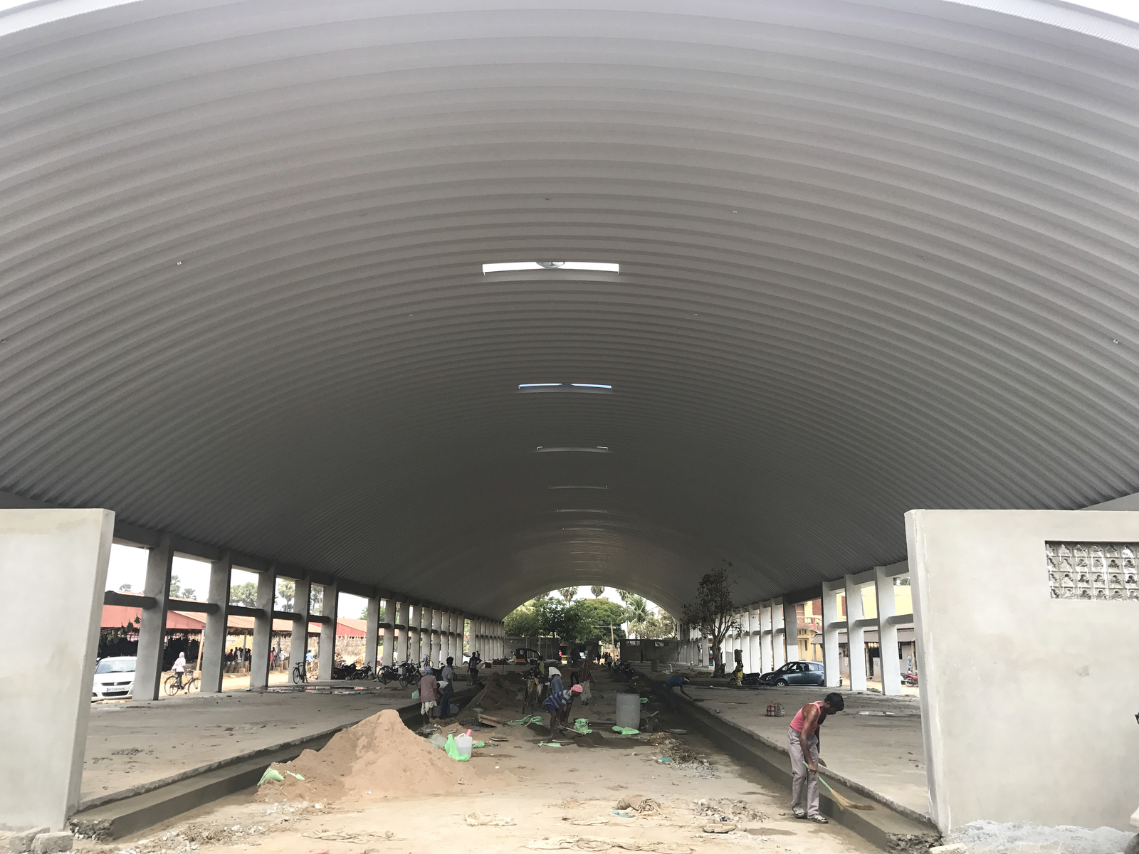 Interior construction view of a conventional hall showing the roof underside and supporting structure.