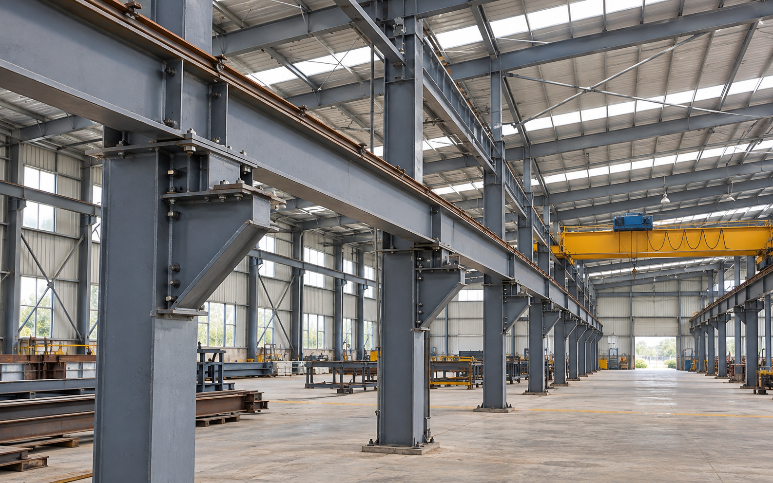 EOT crane supporting arrangement illustrating the relationship between runway support steelwork and an industrial building