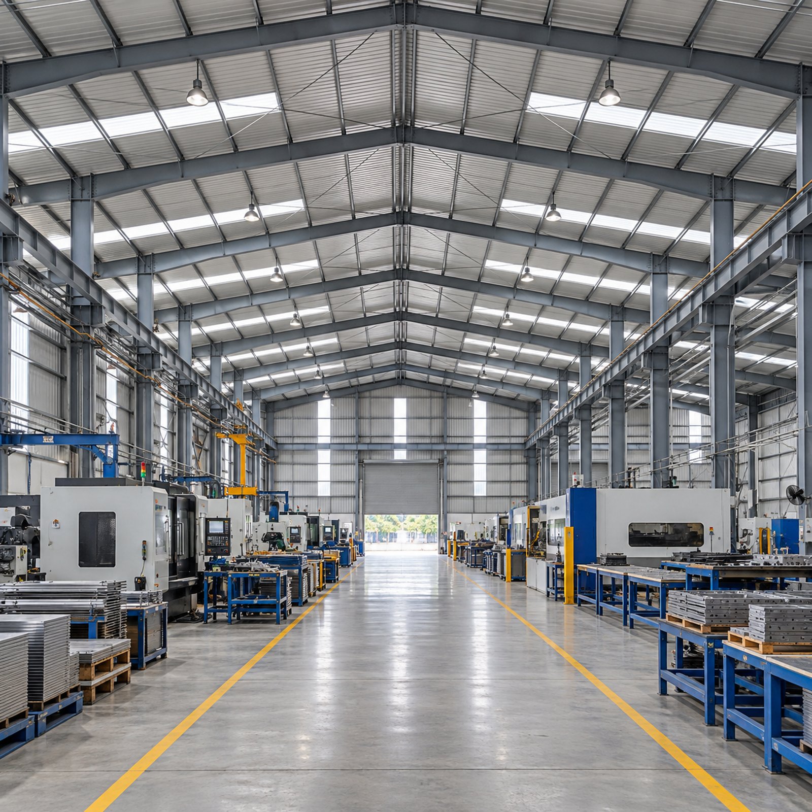 Conceptual illustration of a steel factory interior with production equipment and a central working aisle