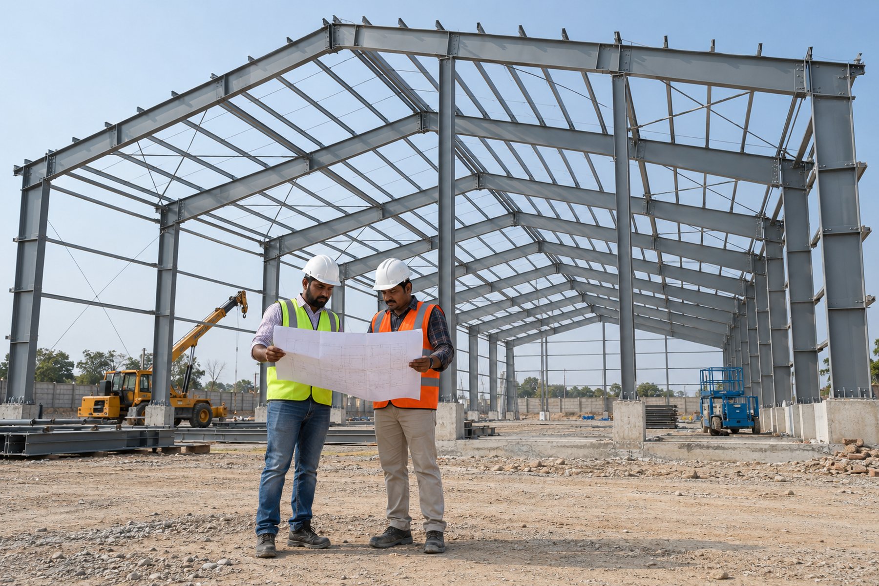 Conceptual illustration of construction professionals reviewing drawings beside a factory steel frame