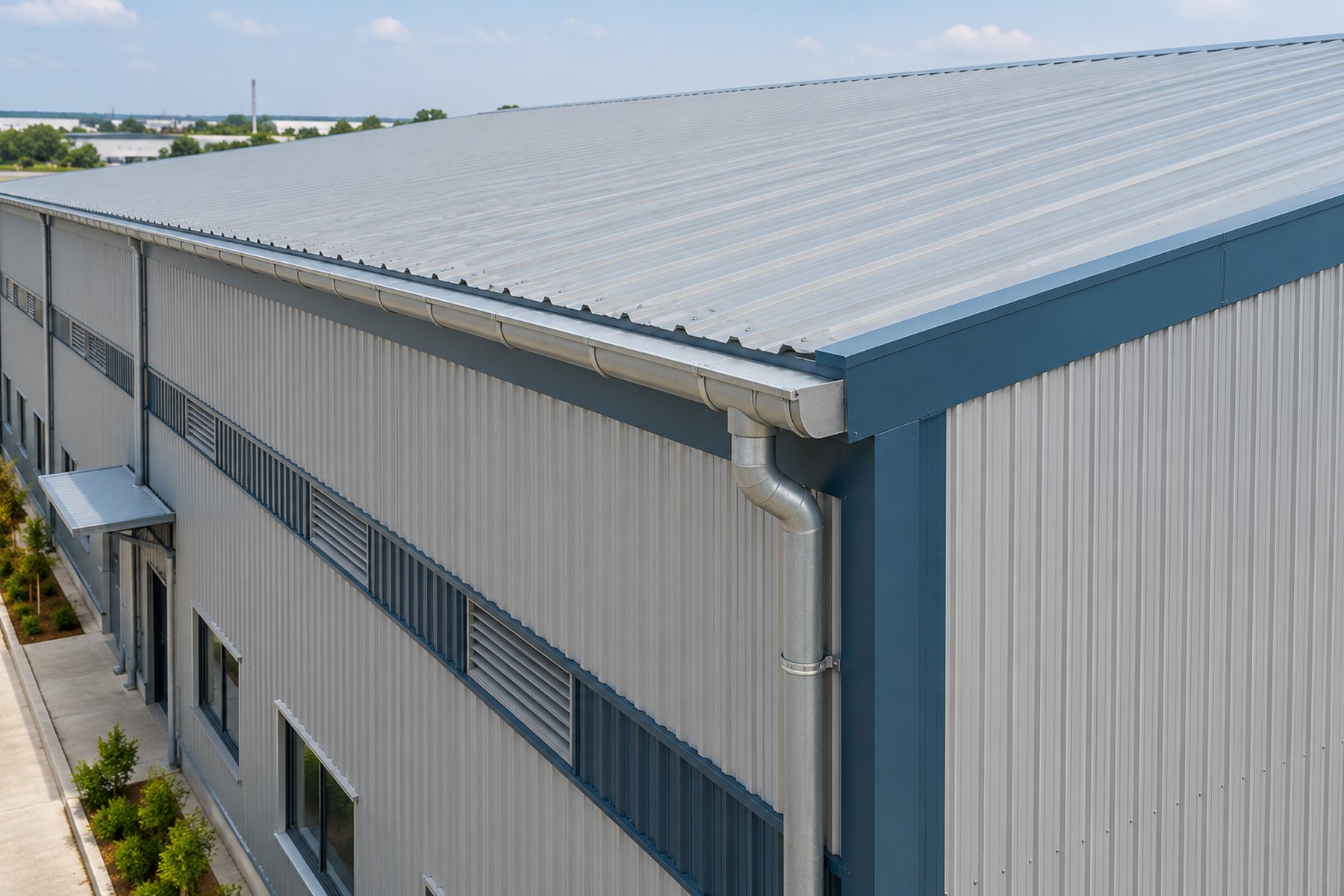 Conceptual illustration of factory metal roofing, wall cladding, gutter and rainwater downpipe