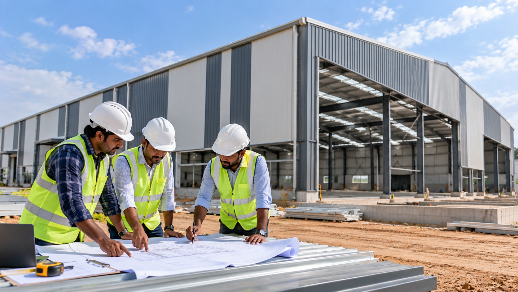 Construction professionals reviewing plans at a steel building site