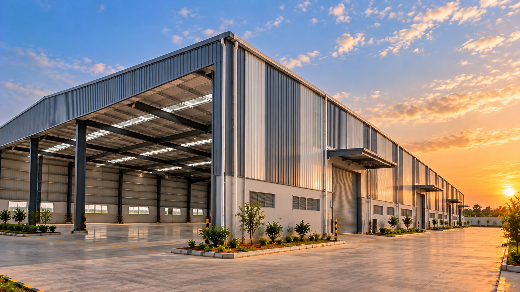 Industrial building showing metal roofing, wall cladding and external openings