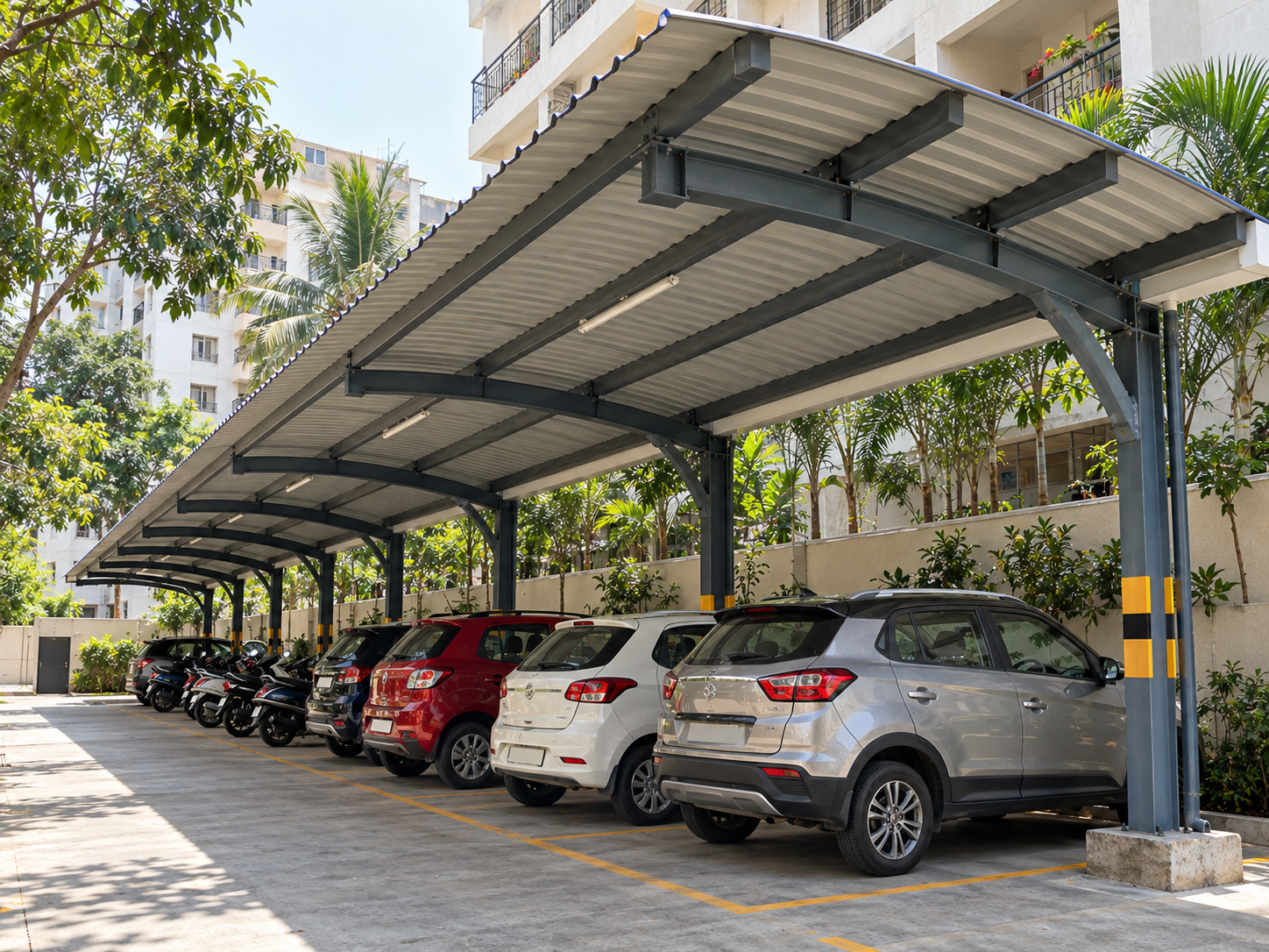 Parking shed showing metal roofing, steel columns, beams and vehicles sheltered beneath the structure.