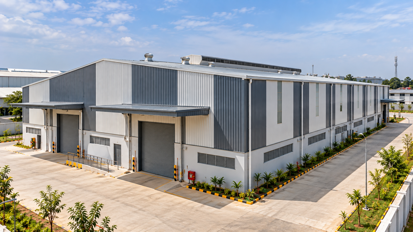 Steel industrial building with metal wall cladding and access openings