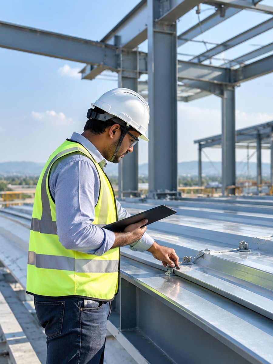 Inspector checking an industrial roofing panel and its fixing at a steel construction site