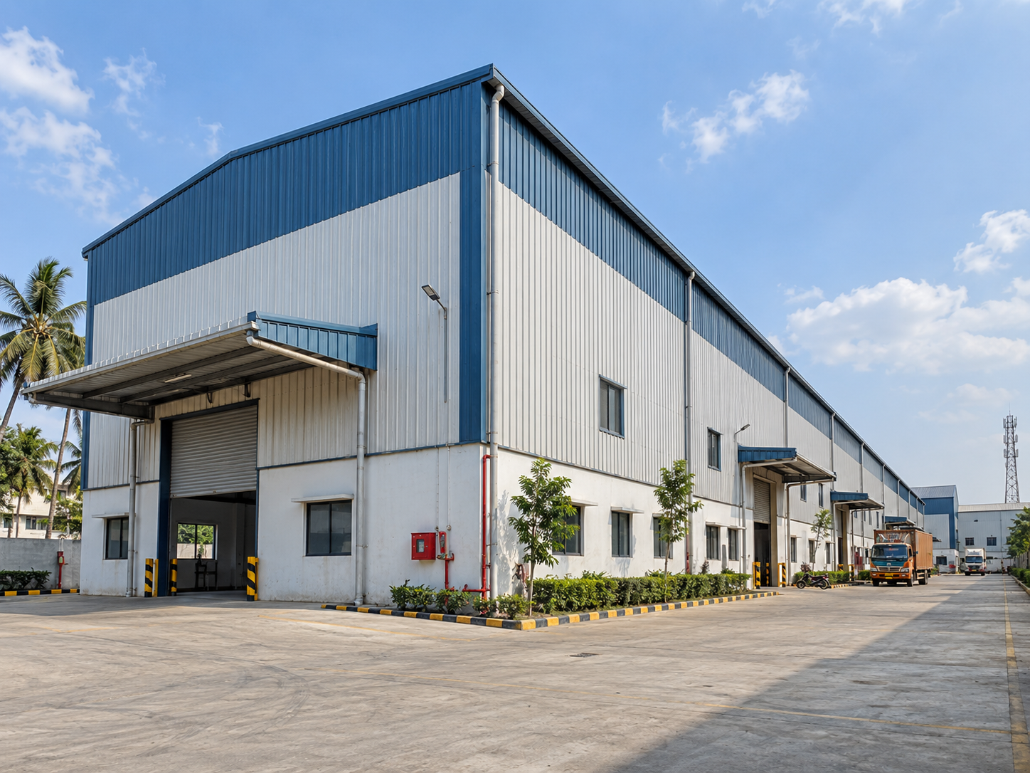 Industrial building corner showing coordinated roof and wall cladding across the complete building envelope.