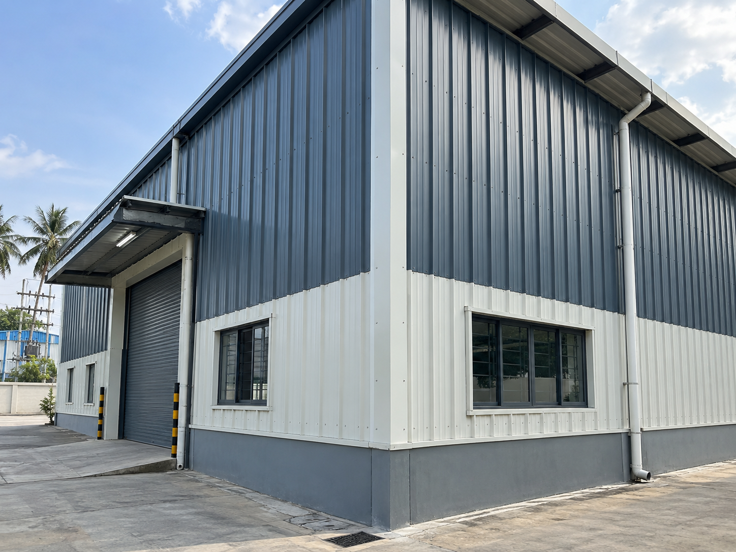 Industrial building corner showing cladding joints, corner flashing, trims, panel alignment and finishing details.