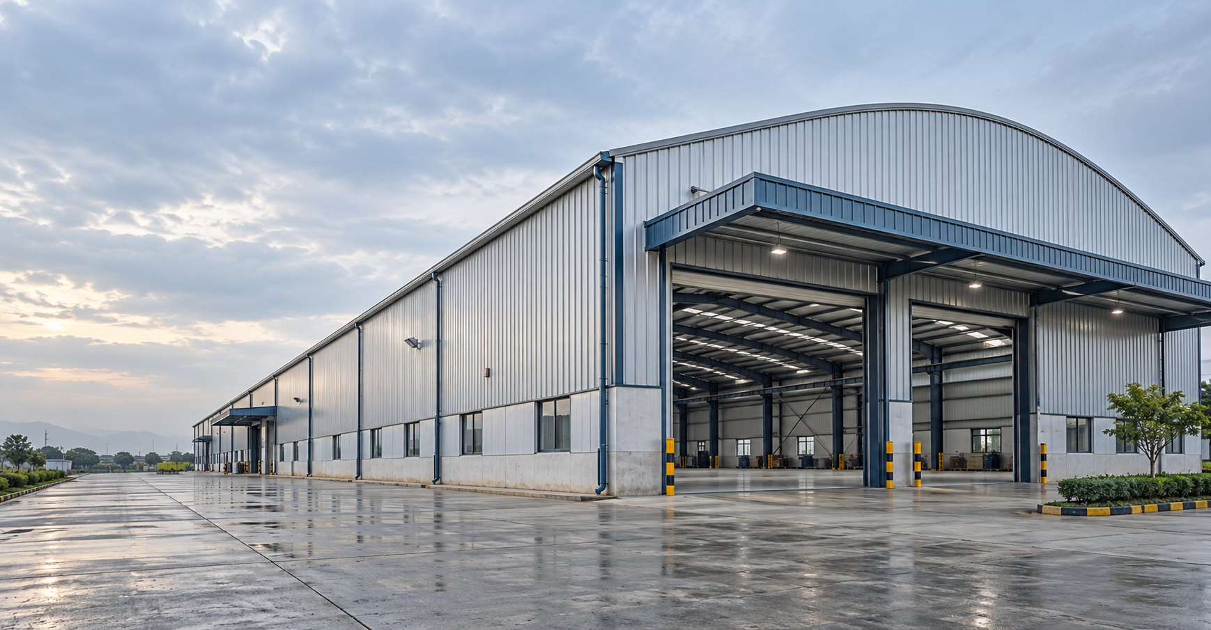 Industrial warehouse building with metal roofing and steel construction
