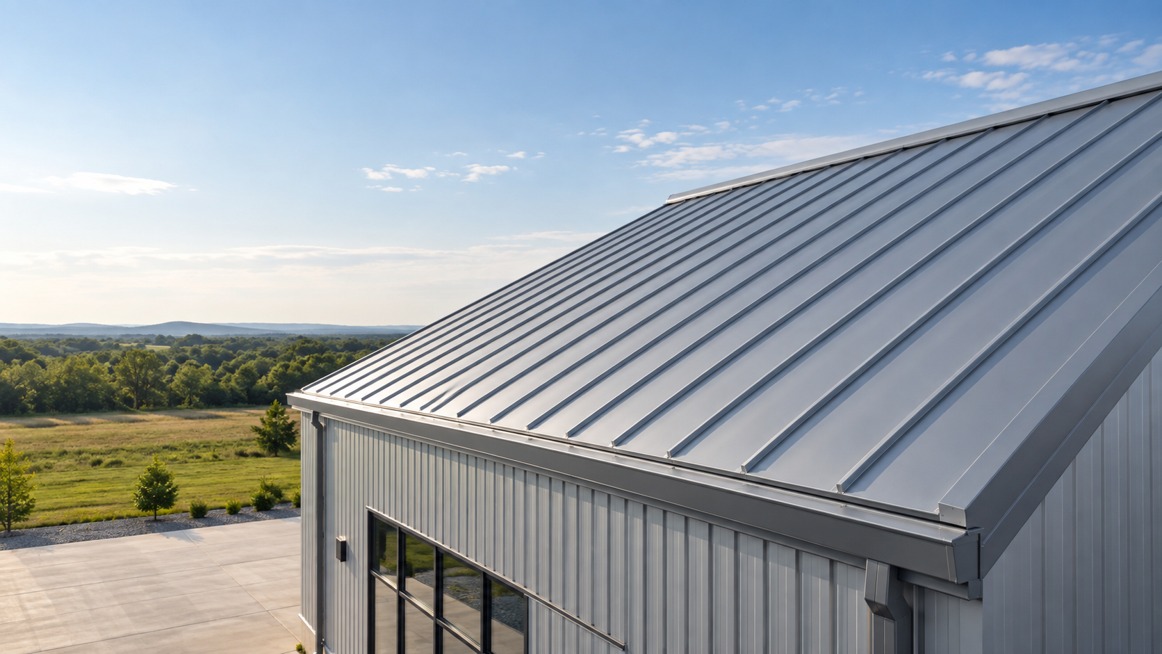 Straight sloping industrial standing seam roof with raised longitudinal seams