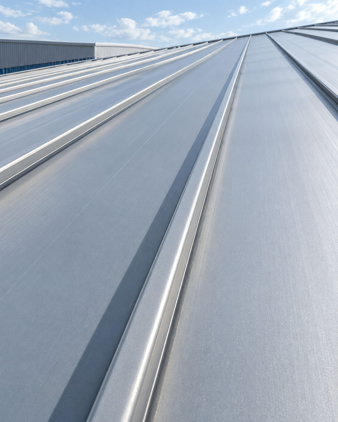 Close view of adjoining standing seam roof panels with raised longitudinal seams