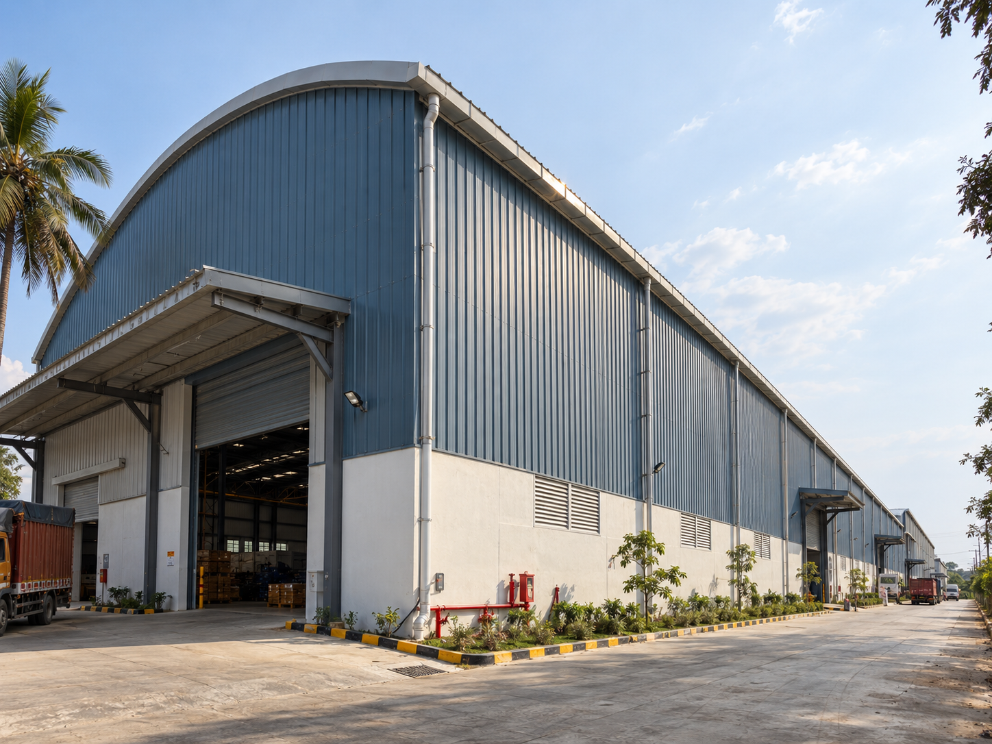 Steel building side elevation showing roof profile, wall cladding, eaves and the completed exterior envelope.