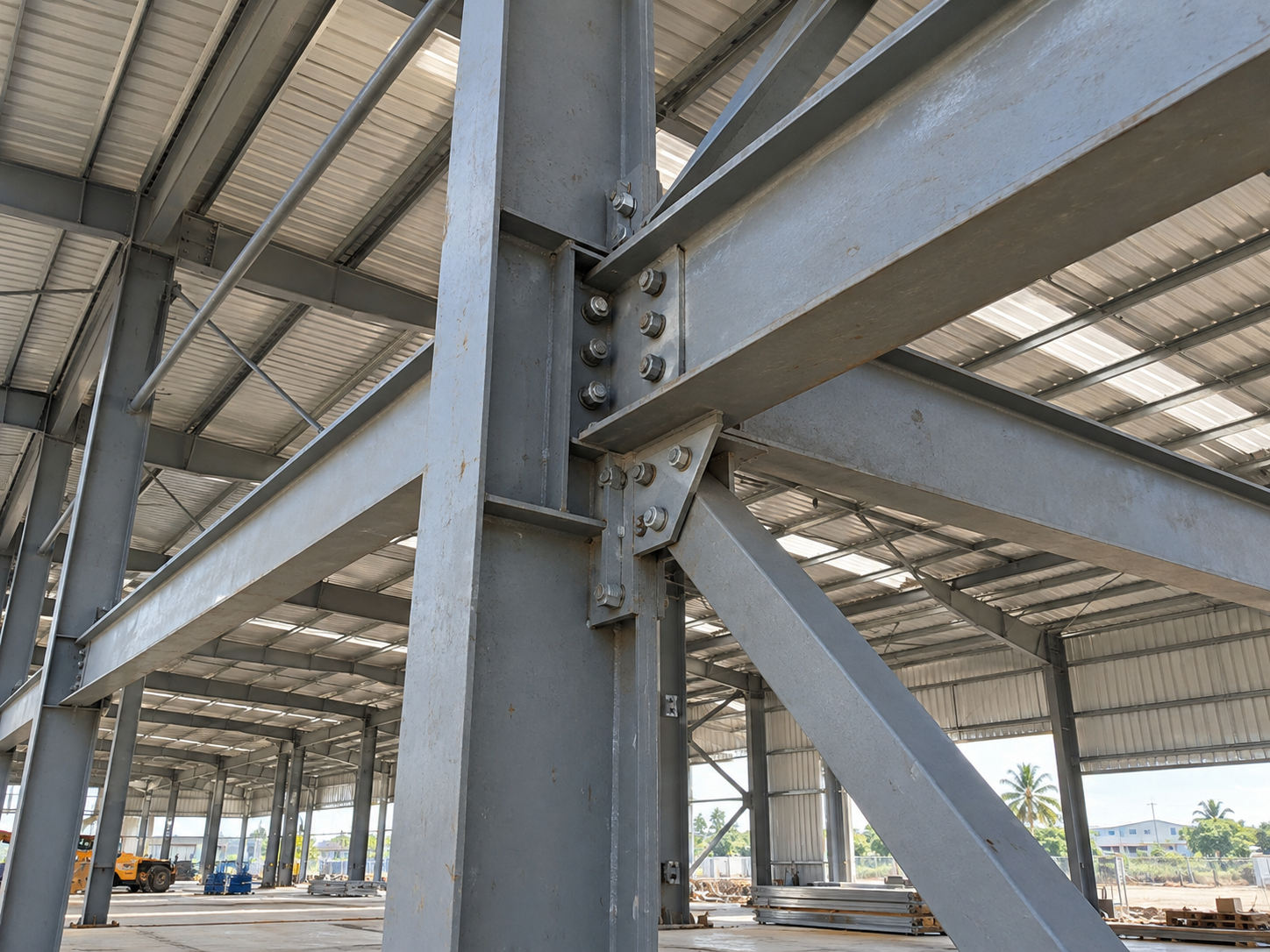 Close structural view showing steel beams, columns, bracing and connection details within an industrial steel building.