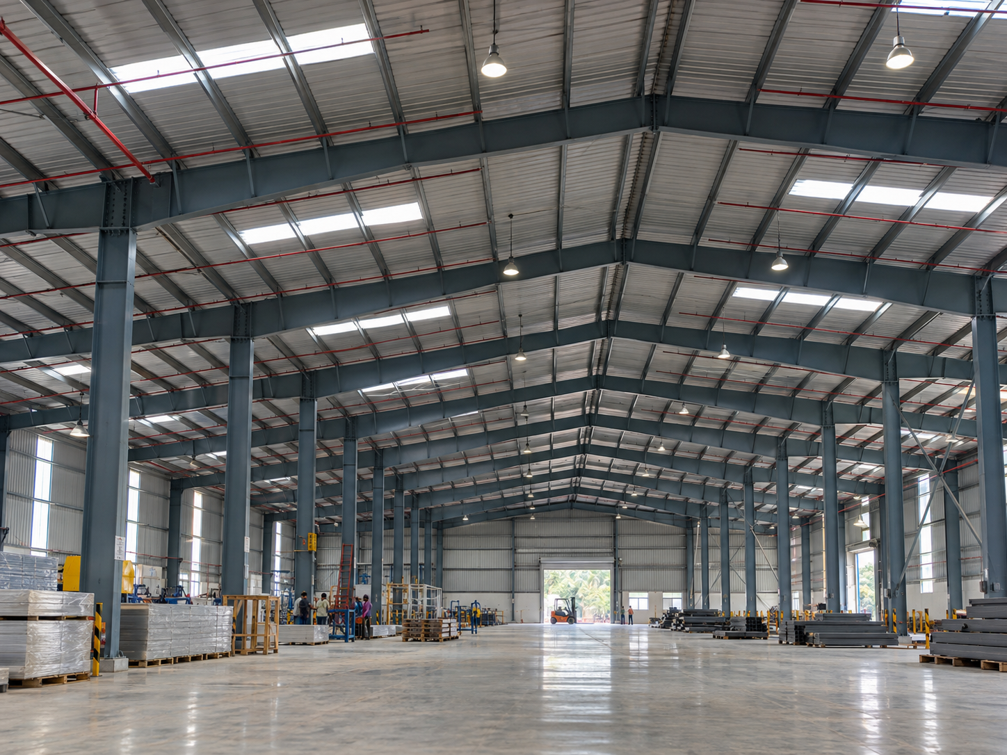 Interior of a large steel building showing clear-span space, steel columns, roof rafters and structural framing.