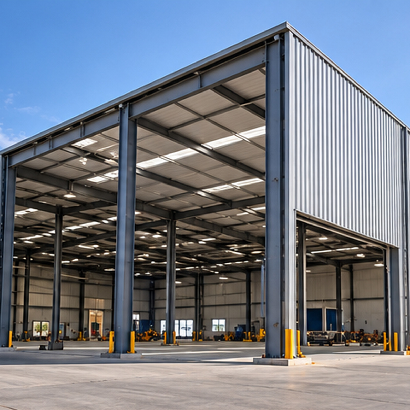 Illustration of an industrial building with steel structural framing and metal cladding