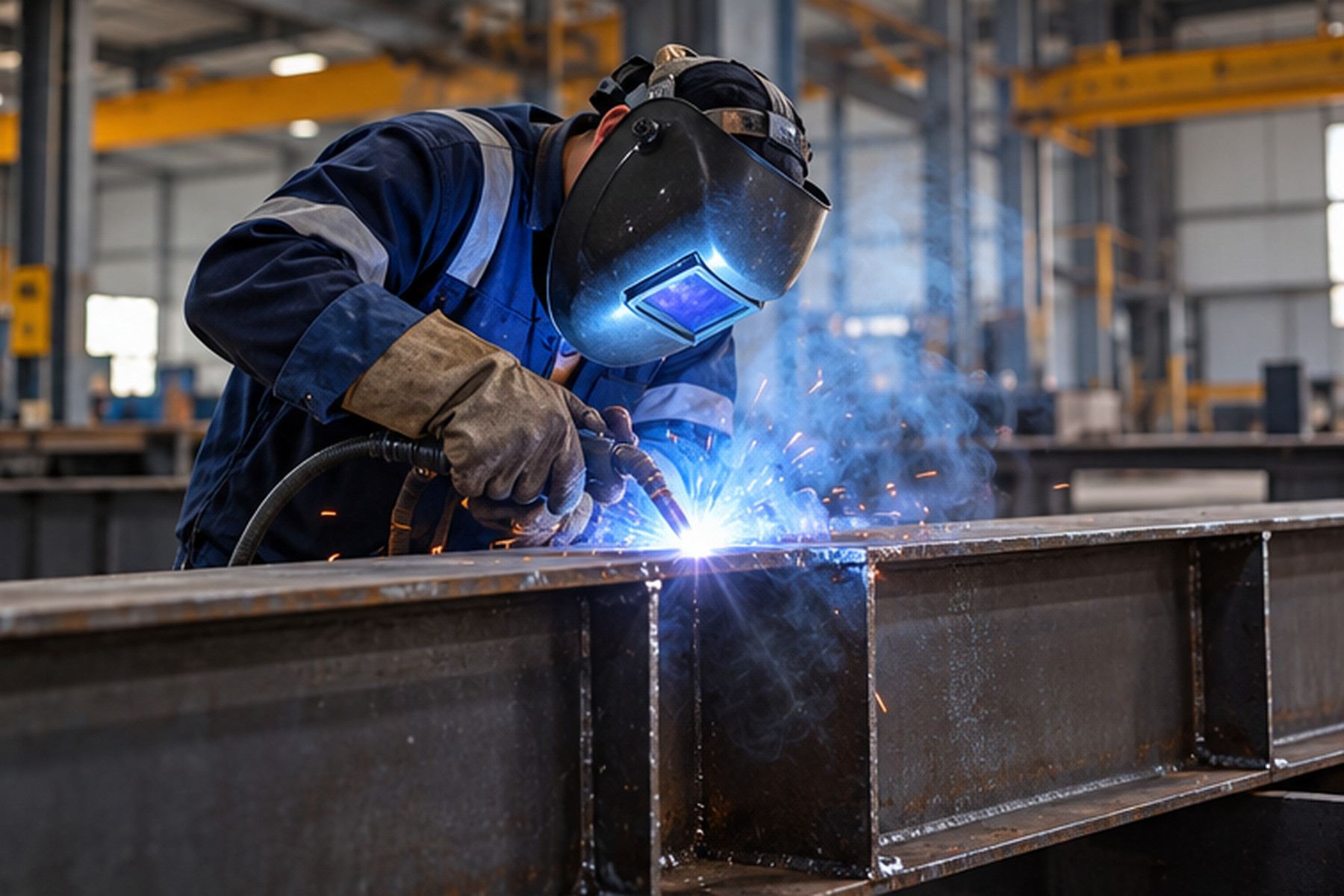 Illustration of a welder fabricating a structural steel beam in a workshop