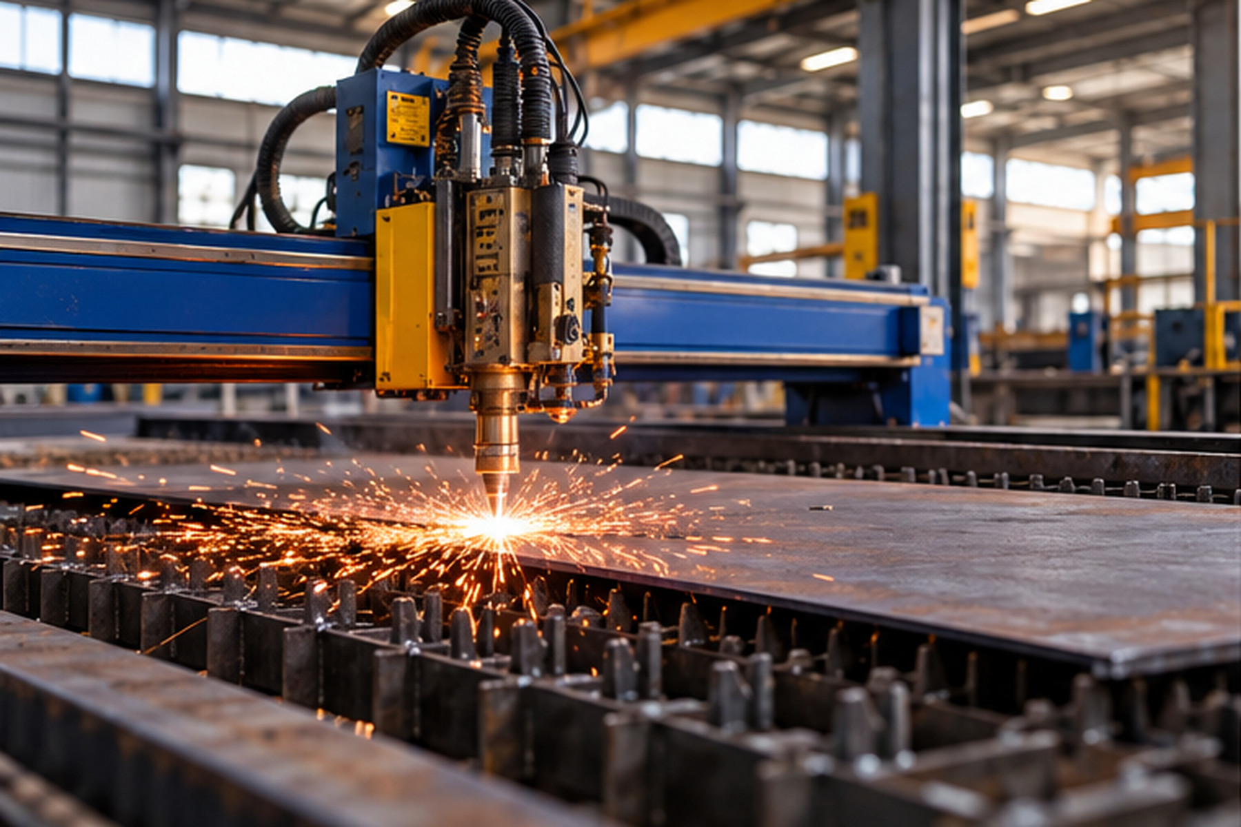 Illustration of CNC cutting of steel plate in a structural fabrication workshop
