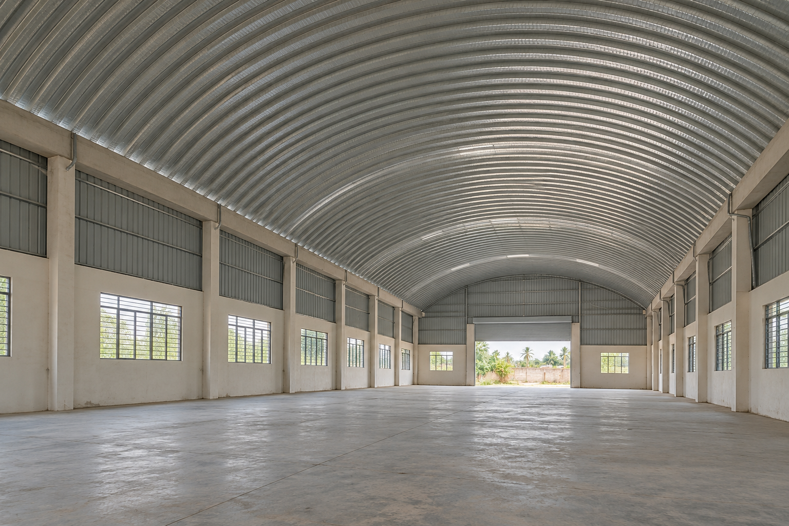 Interior view of a curved trussless roof above an open industrial floor.