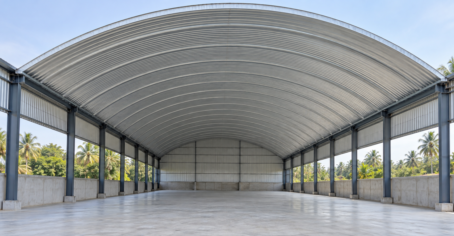 Industrial warehouse building with metal roofing and steel construction