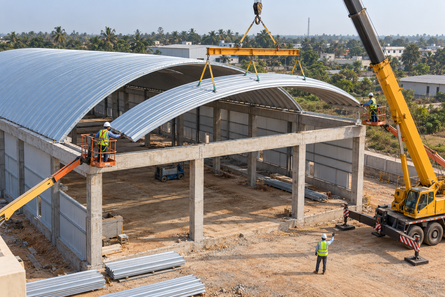 Illustration of cranes lifting a curved metal roof assembly into position.