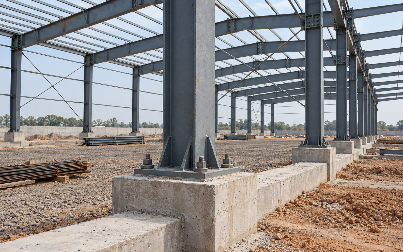 Illustrative steel column base anchored to a concrete pedestal beside a plinth beam.