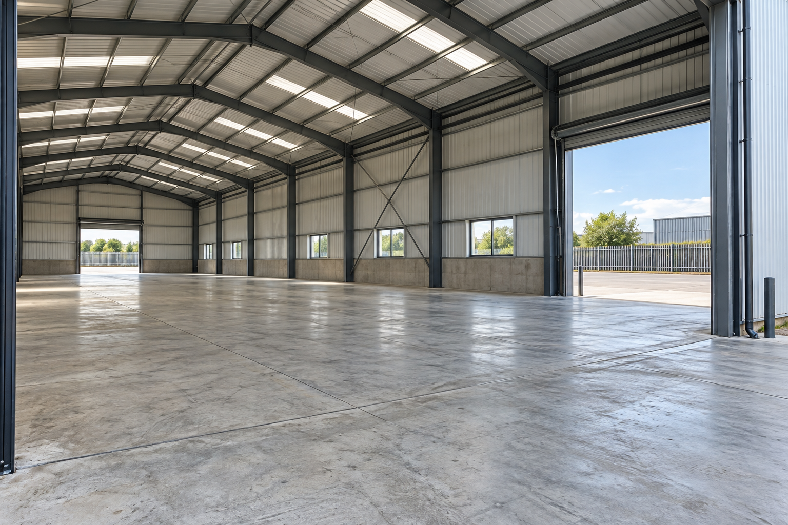 Illustrative empty completed industrial building with steel framing, concrete flooring and open service access.