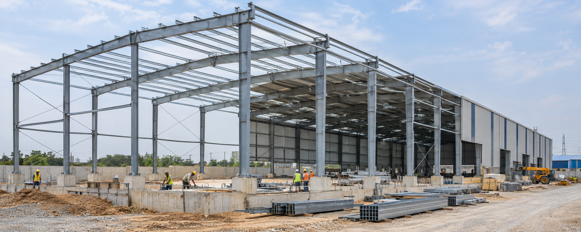 Illustrative industrial construction scene showing concrete plinths, steel framing and partially installed building cladding.