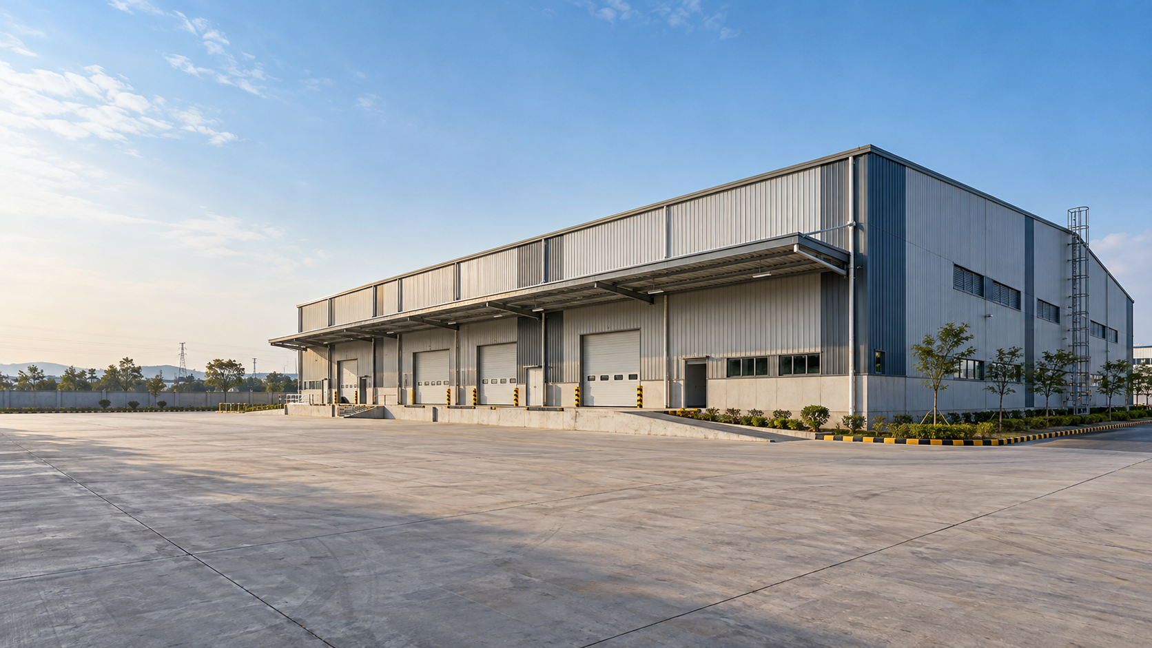 Illustrative view of a completed industrial building with a paved access compound.