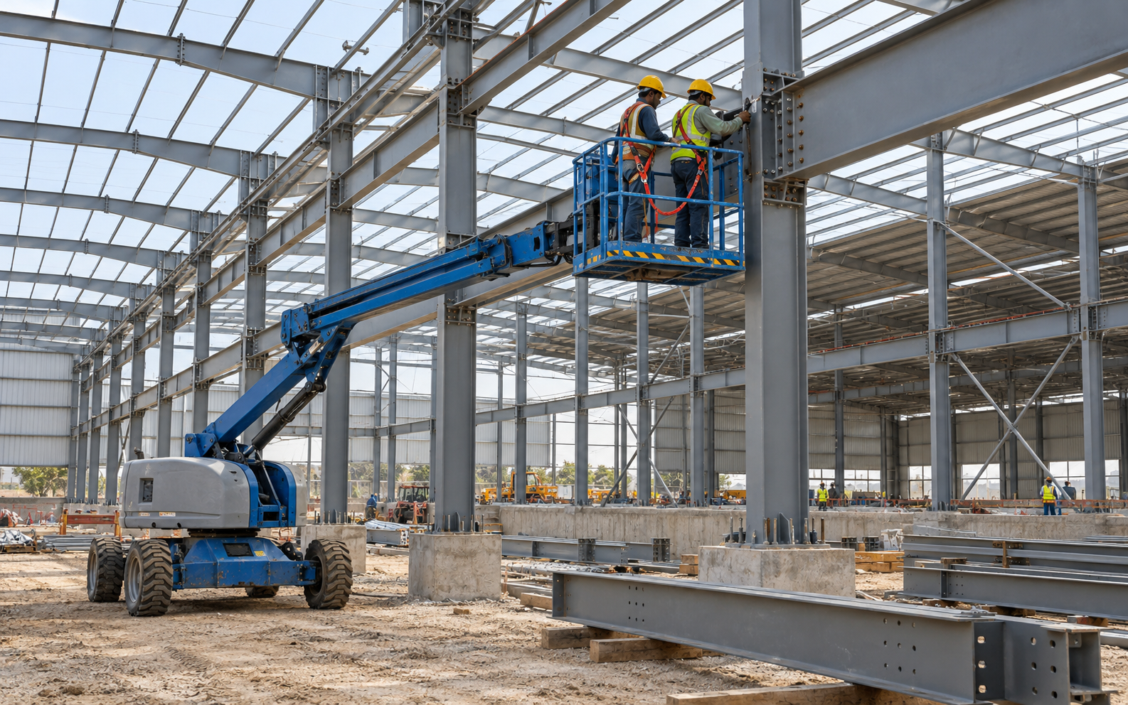 Illustrative workers securing a steel connection from a guarded access platform inside an industrial building frame.