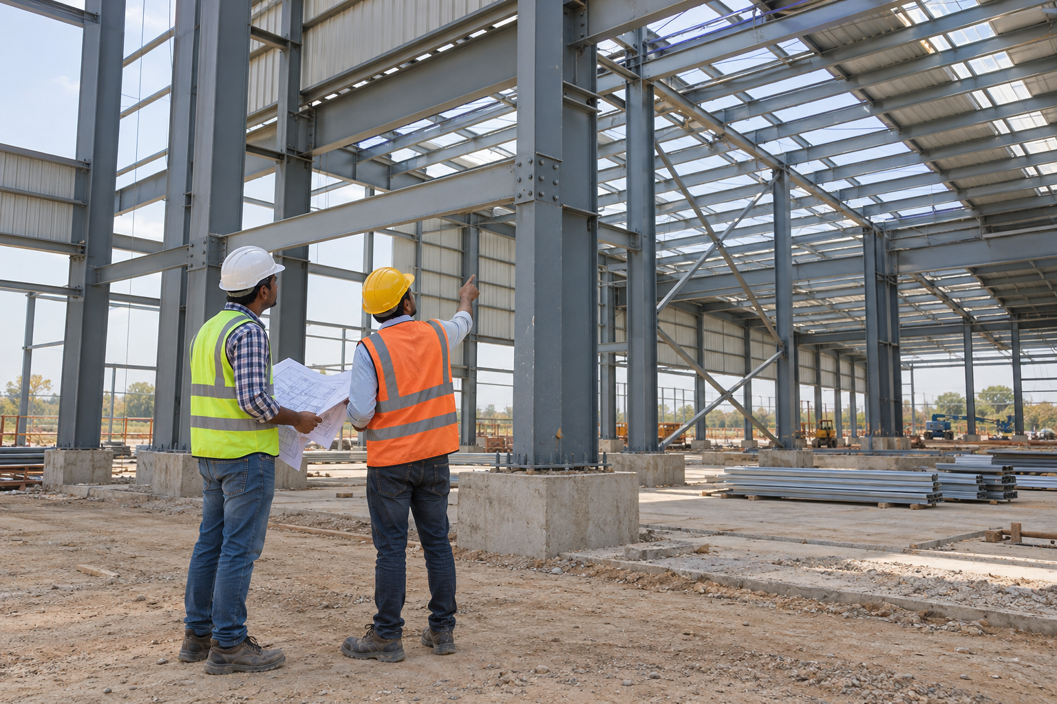 Illustrative scene of site personnel reviewing drawings beside an industrial steel building under construction.