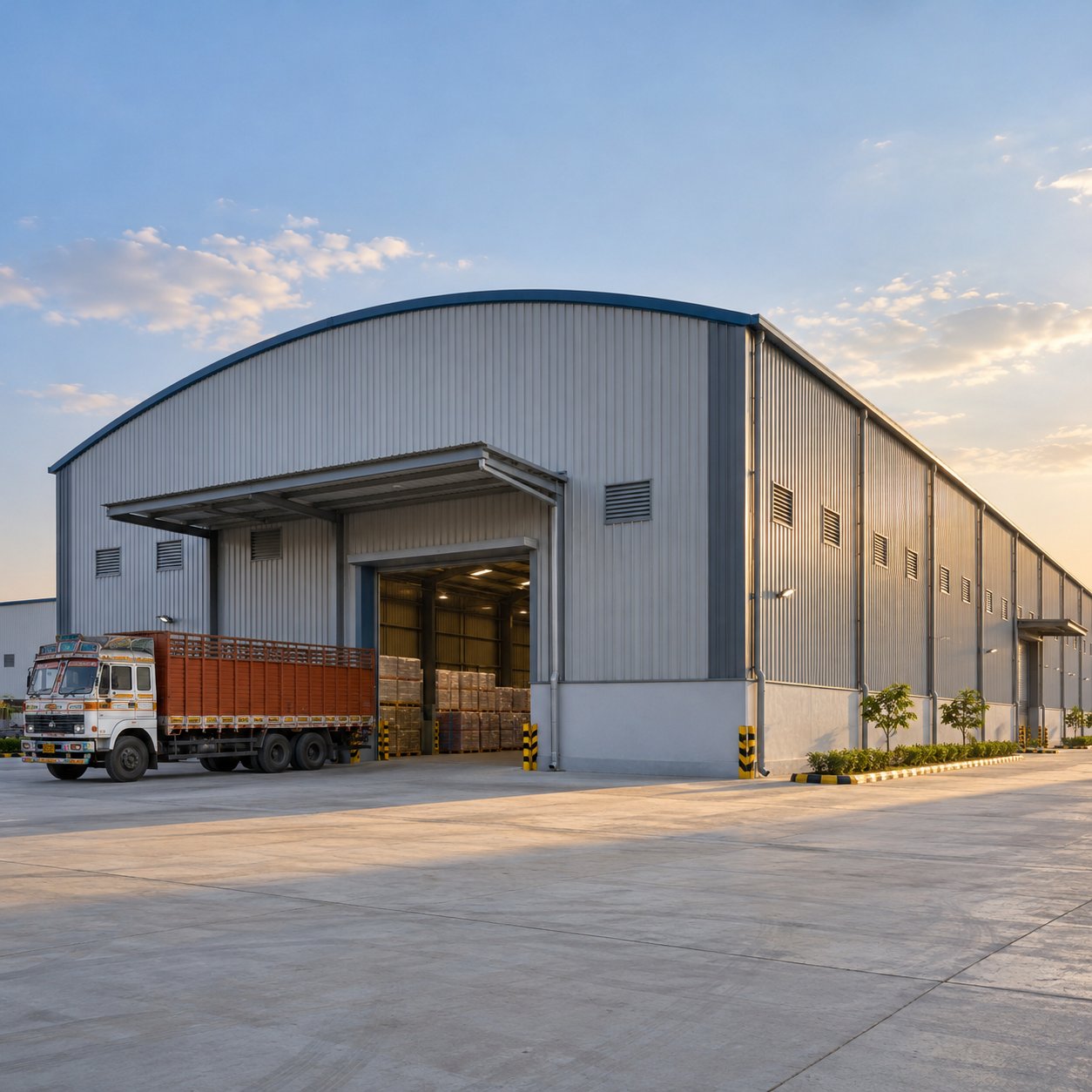 Conceptual illustration of a metal-clad warehouse with a goods truck at a loading entrance