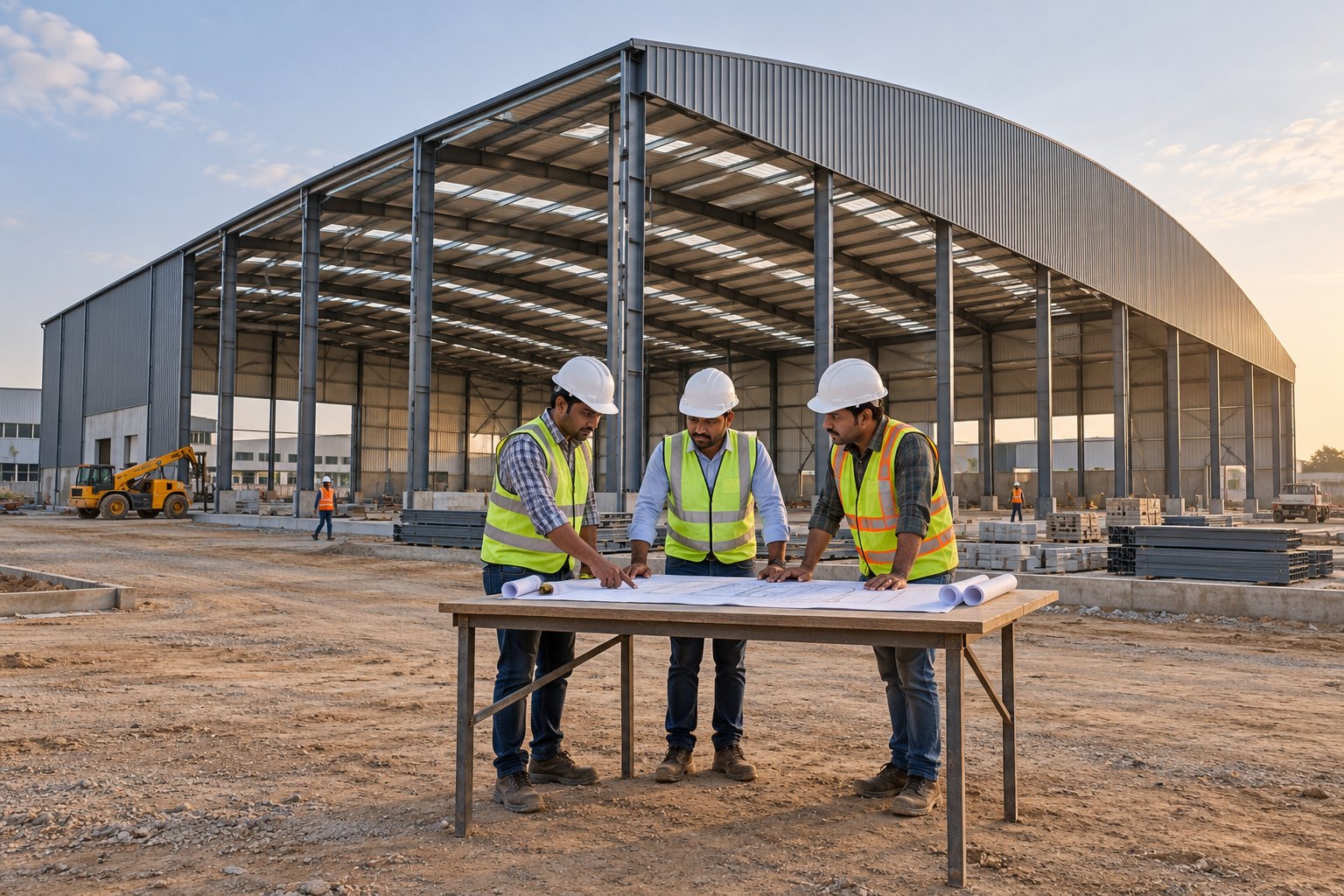Conceptual illustration of engineers reviewing drawings beside a warehouse under construction